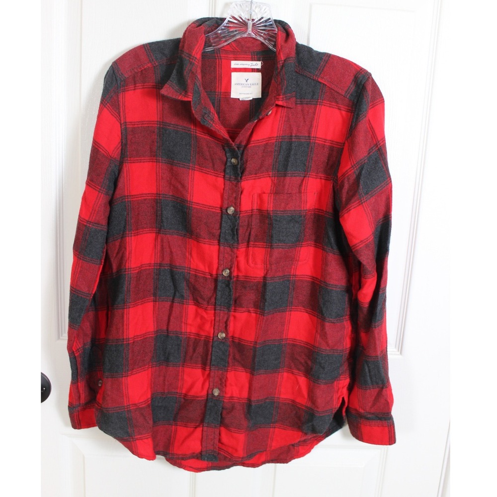 American Eagle Outfitters Womens Flannel Shirt Boyfriend‎ Fit Red Gray Plaid